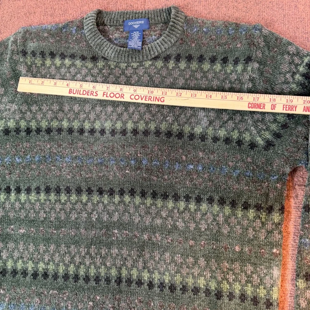 Dockers Fair Isle Sweater Mens Medium Green Geometric Knit Crewneck Pullover